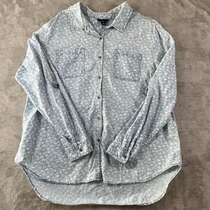 Intro Blue Chambray All Over Floral Print Button-Up Roll Tab Sleeve XL Western